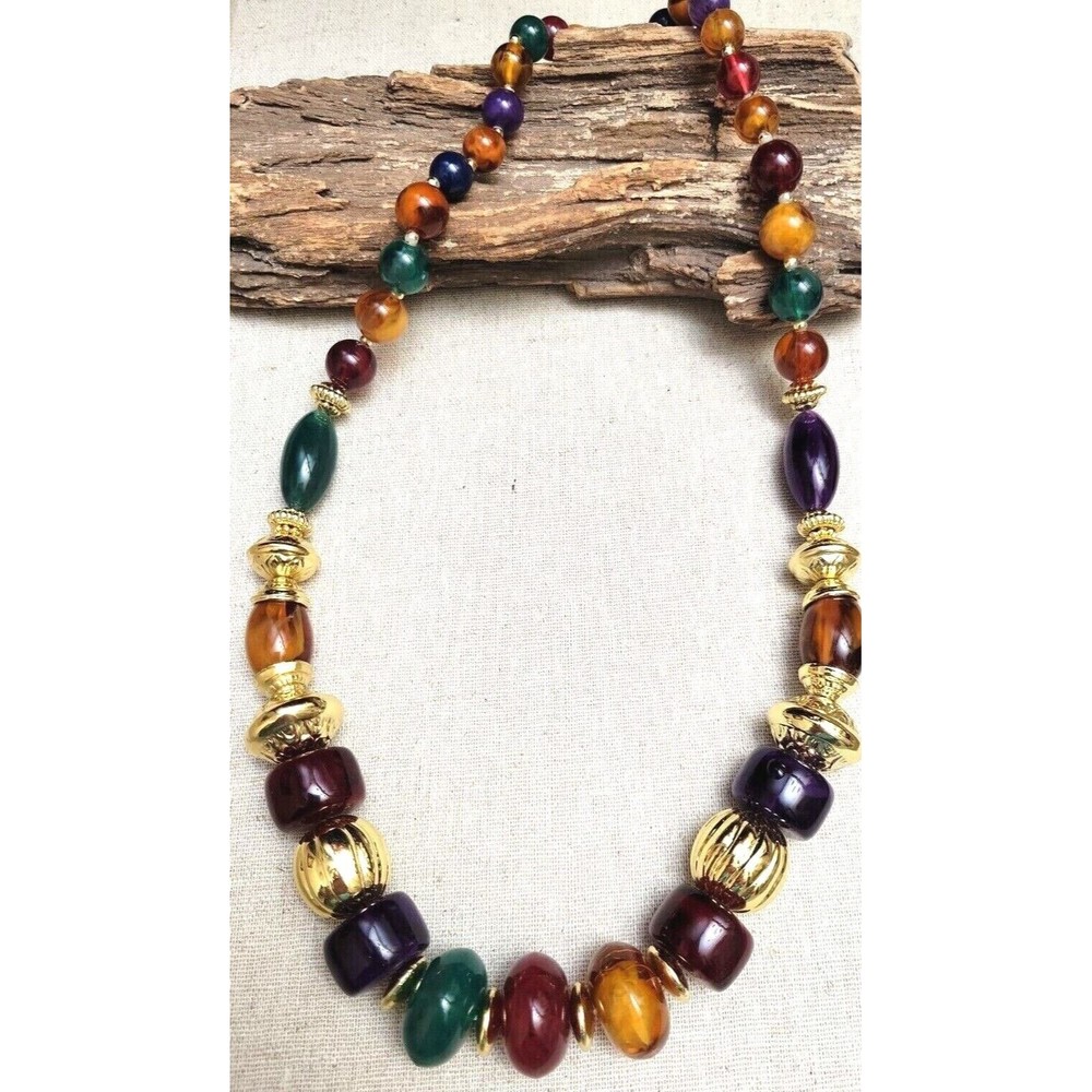 Vintage 1970's Boho Jewel Tones Acrylic Variegated Chunky Beaded Necklace